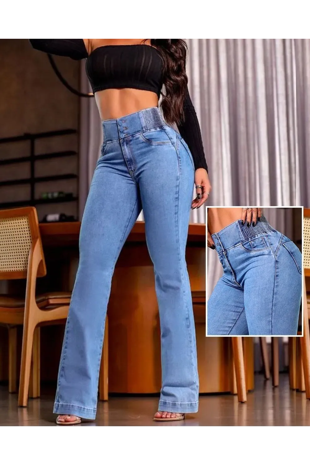 Kadın Yüksek Bel Yanları Lastik önü Düğmeli Kot Pantolon
