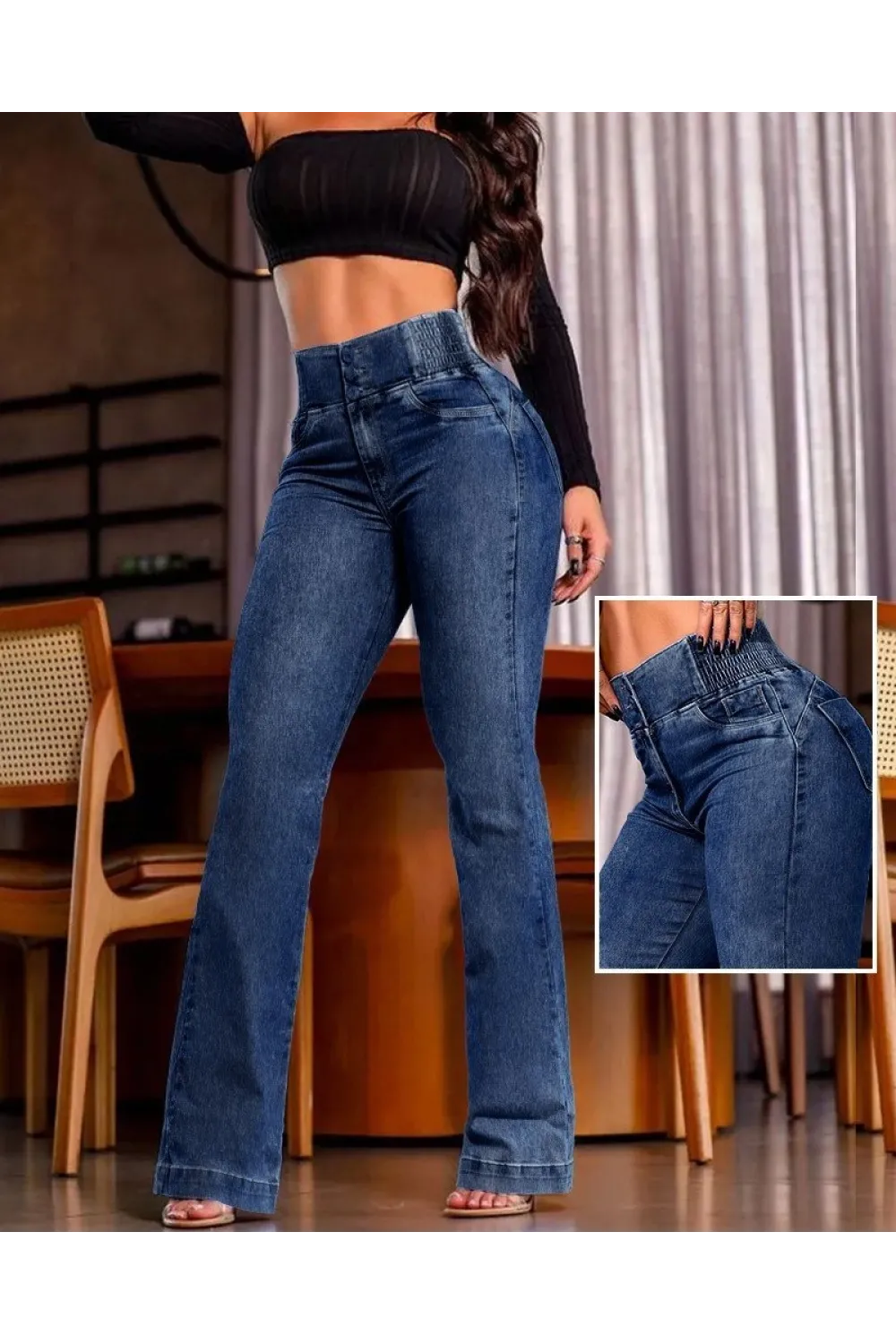 Kadın Yüksek Bel Yanları Lastik önü Düğmeli Kot Pantolon