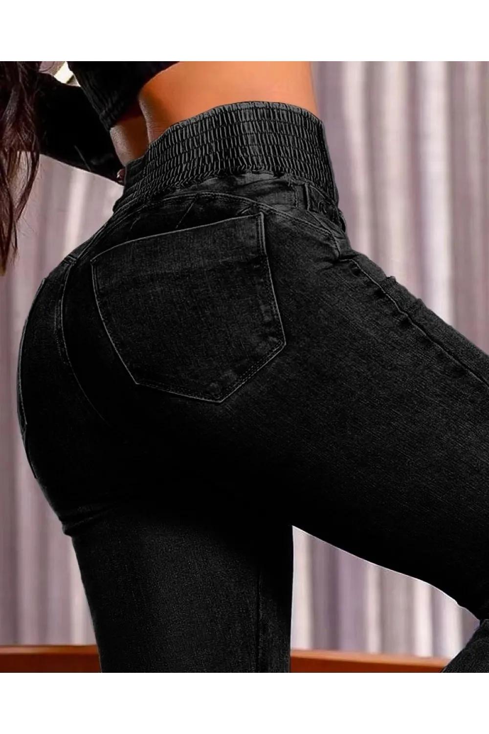 Kadın Yüksek Bel Yanları Lastik önü Düğmeli Kot Pantolon