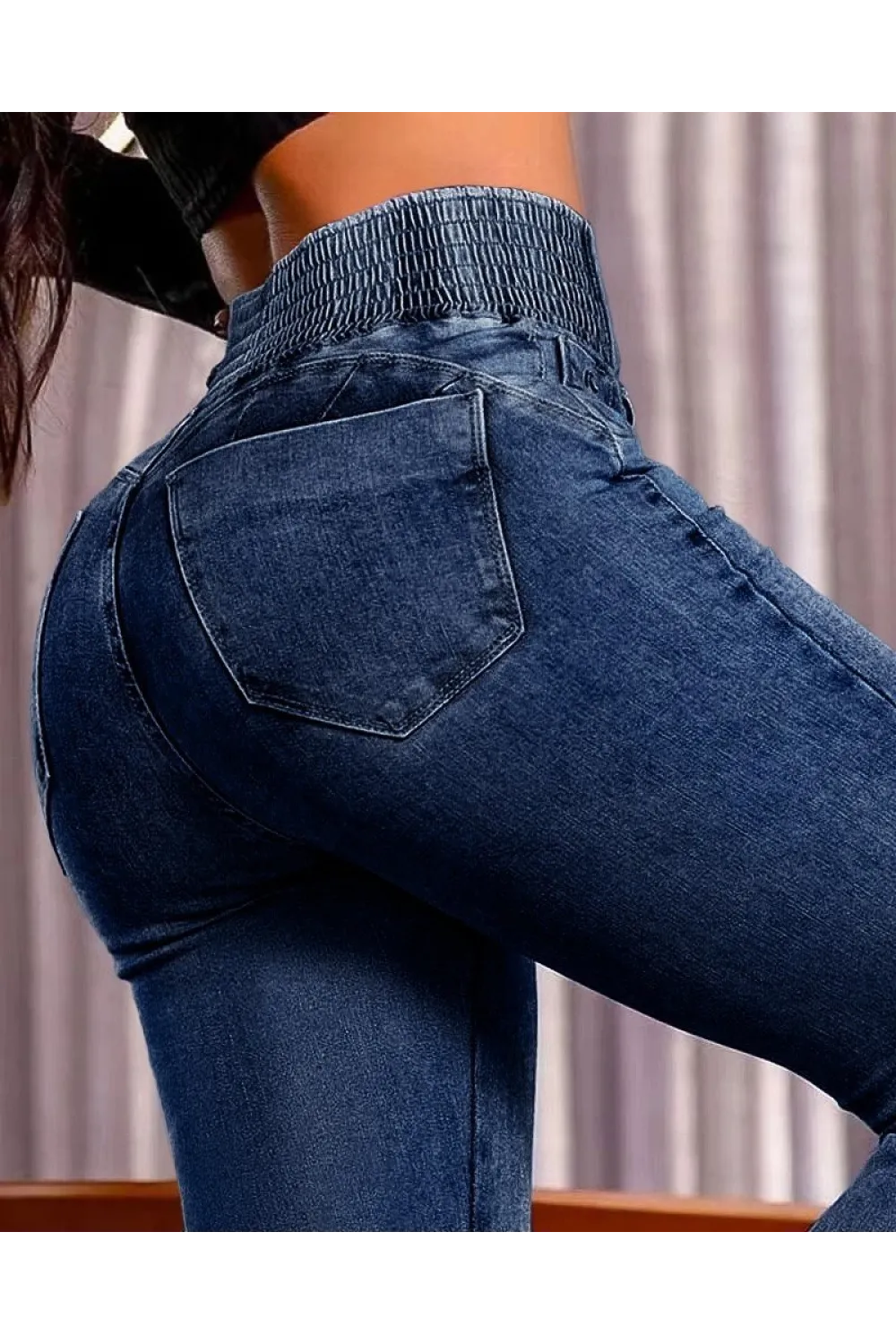 Kadın Yüksek Bel Yanları Lastik önü Düğmeli Kot Pantolon