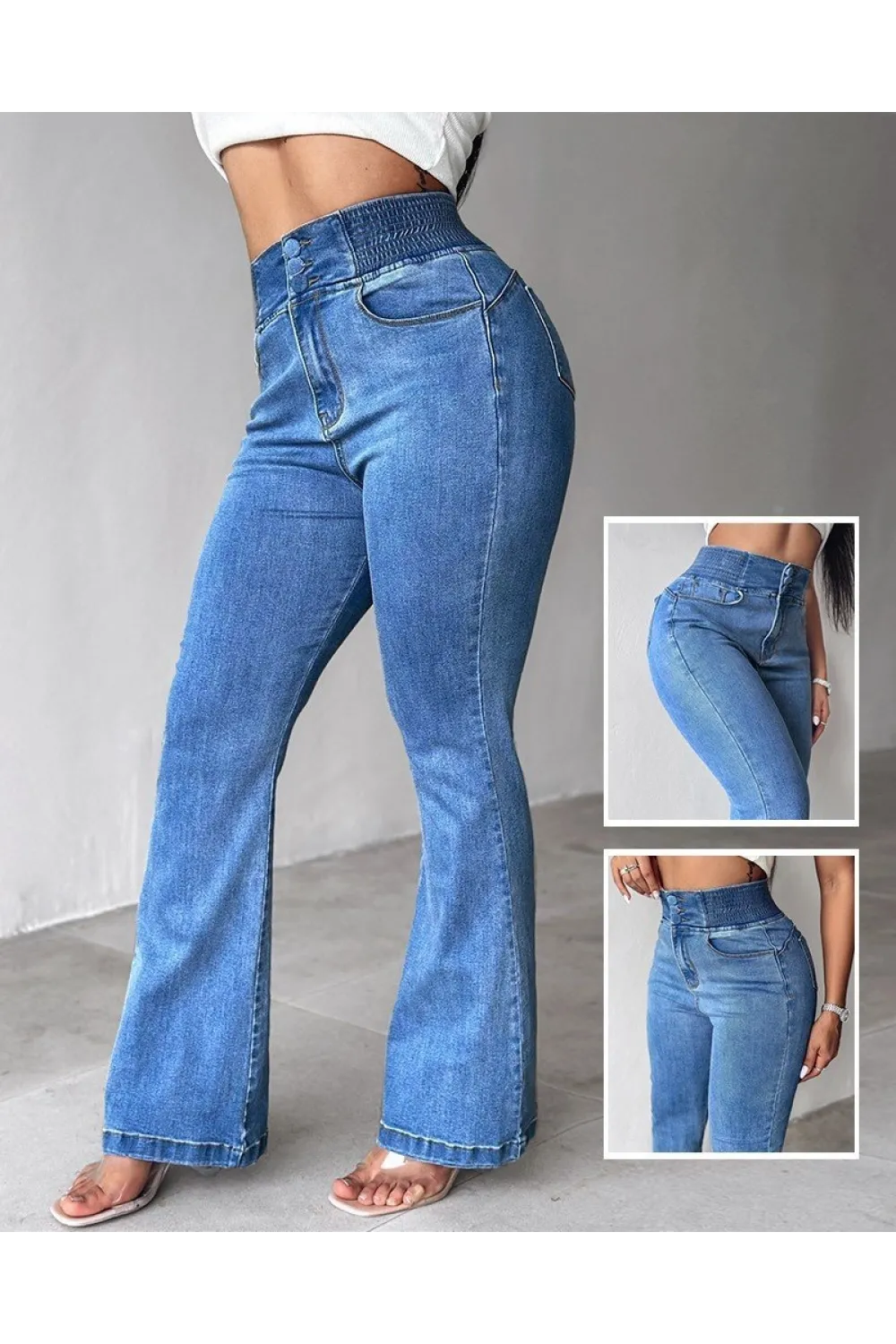 Kadın Yüksek Bel Yanları Lastik önü Düğmeli Kot Pantolon