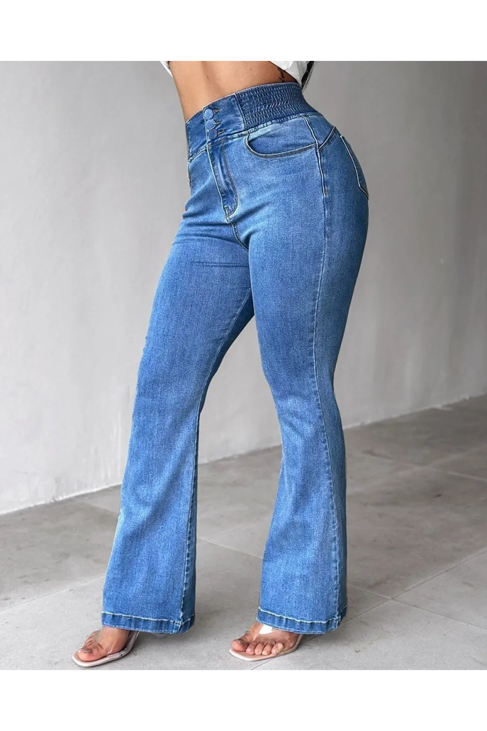 Kadın Yüksek Bel Yanları Lastik önü Düğmeli Kot Pantolon