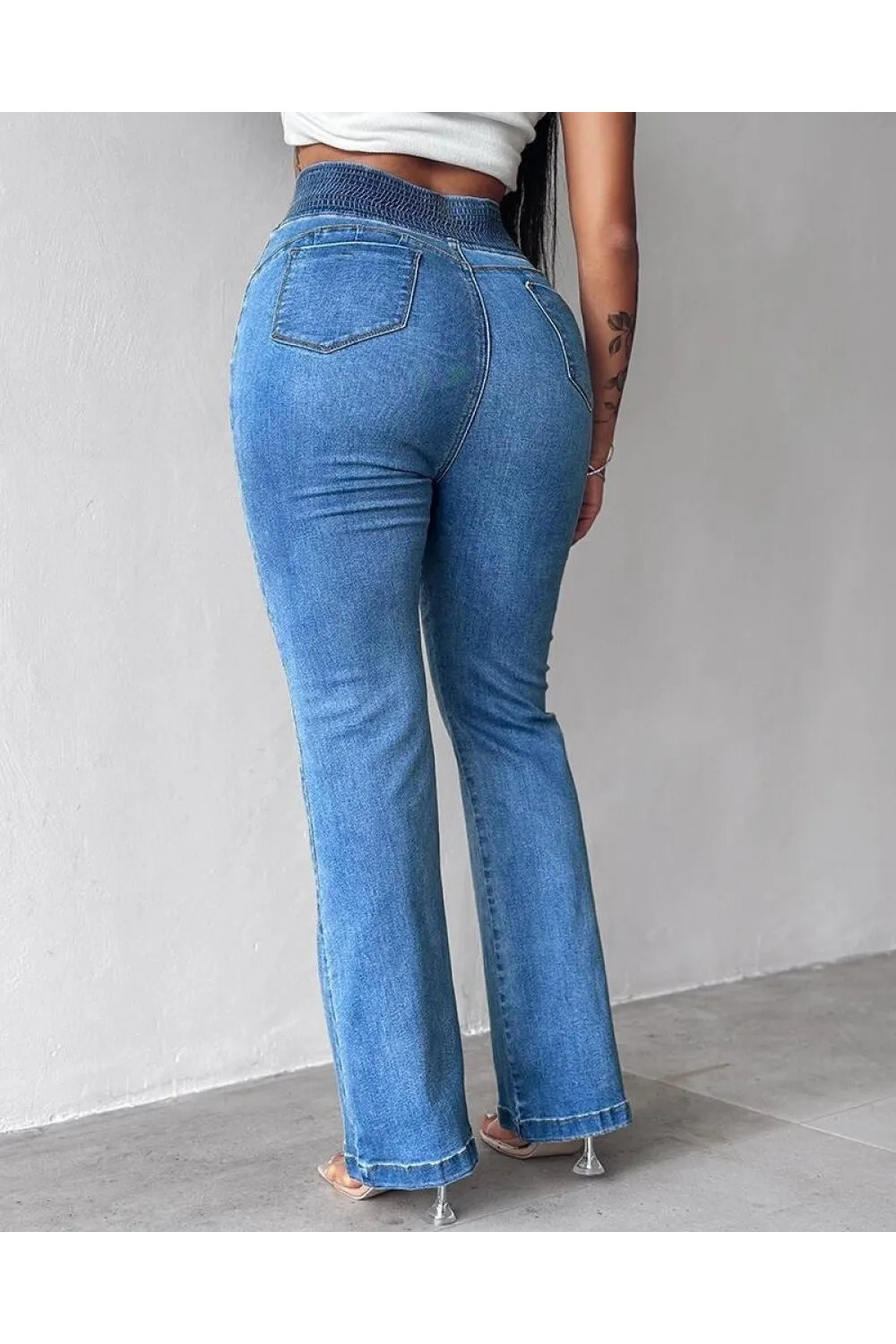 Kadın Yüksek Bel Yanları Lastik önü Düğmeli Kot Pantolon