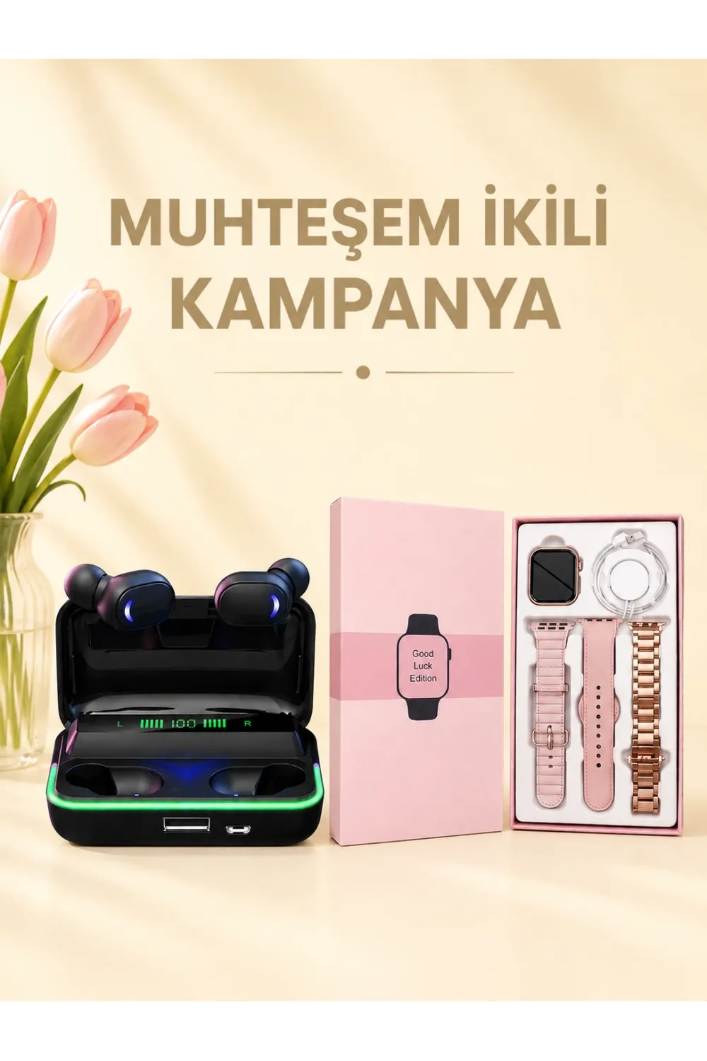 Kadınlara Özel Bileklik Hediyeli Akıllı Saat Ve Dijital Göstergeli Anc Özellikli Bluetooth Kulaklık
