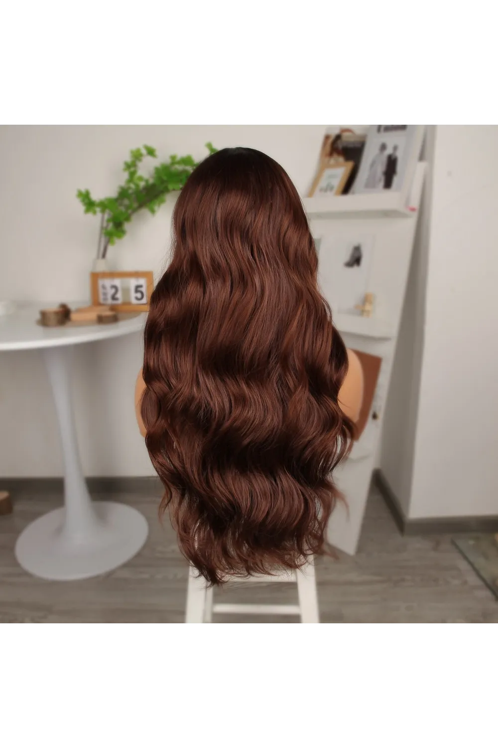 Kahve Karamel Geniş Dalgalı Fiber Sentetik Tül Peruk