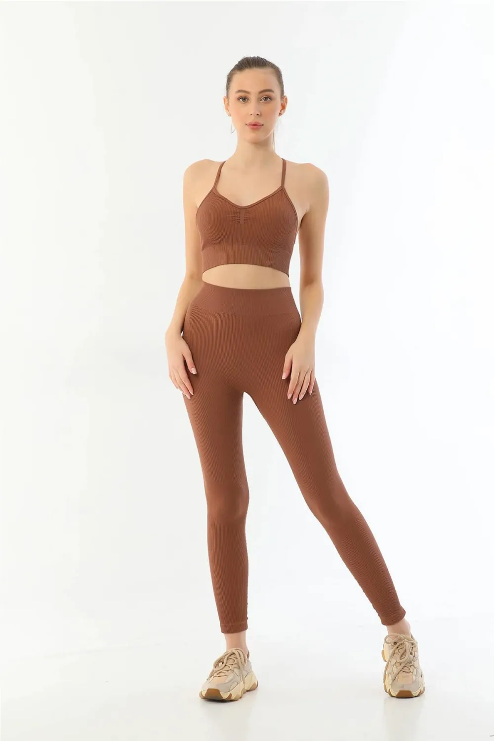 ieg™ KAHVE MI  3921 Soft Seamless Ripli Tayt Yoga Takımı