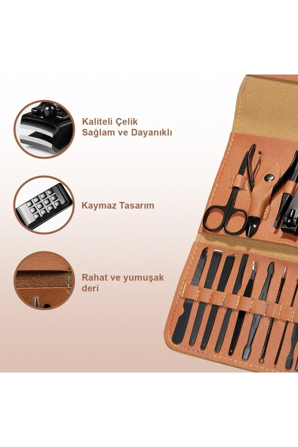 Kahve Rengi Özel Tasarım Deri Manikür Seti