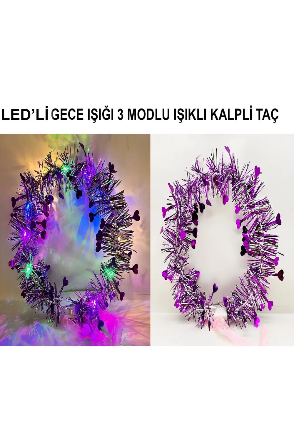 Kalp Püsküllü Gece Parıltısı 3 Modlu LED'li Işıklı Taç Mor Renk