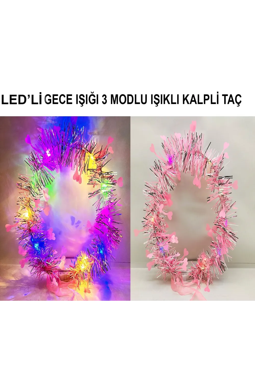 Kalp Püsküllü Gece Parıltısı 3 Modlu LED'li Işıklı Taç Pembe Renk