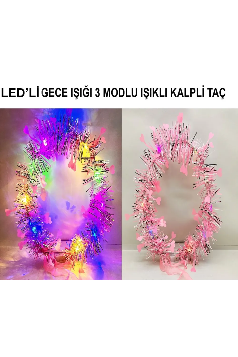 Kalp Püsküllü Gece Parıltısı 3 Modlu Led39li Işıklı Taç Pembe Renk