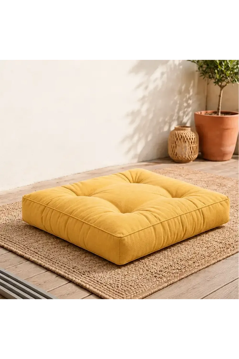 Kapitone Kare Yer Minderi · 60 × 60 × 5 cm · Hardal