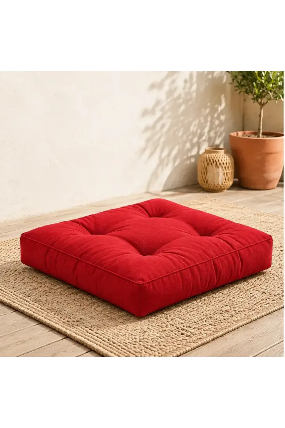 Kapitone Kare Yer Minderi · 60 × 60 × 5 cm · Kırmızı