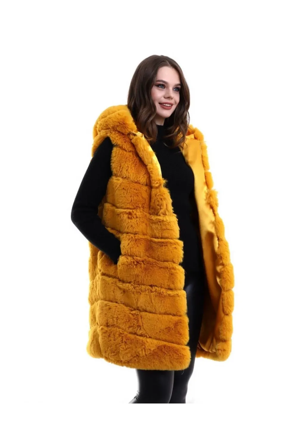 Kapşonlu Peluş Kürk Yelek Premium Kalite, Tam Astarlı, Uzun Model - Sarı