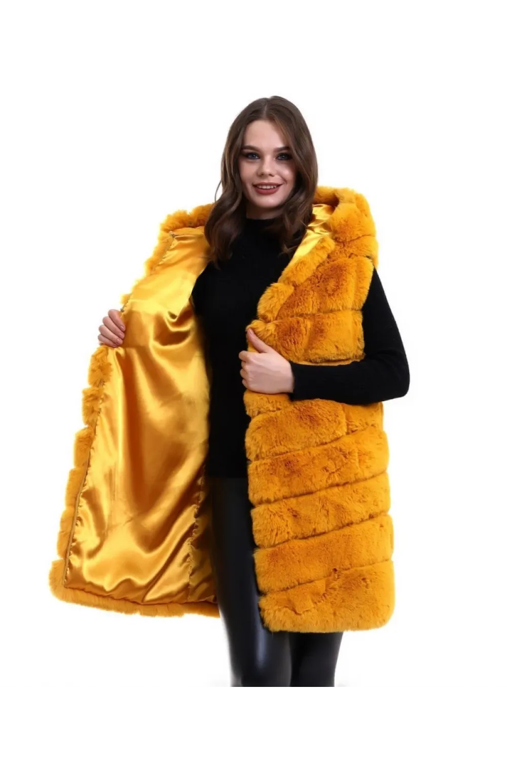 Kapşonlu Peluş Kürk Yelek Premium Kalite, Tam Astarlı, Uzun Model - Sarı