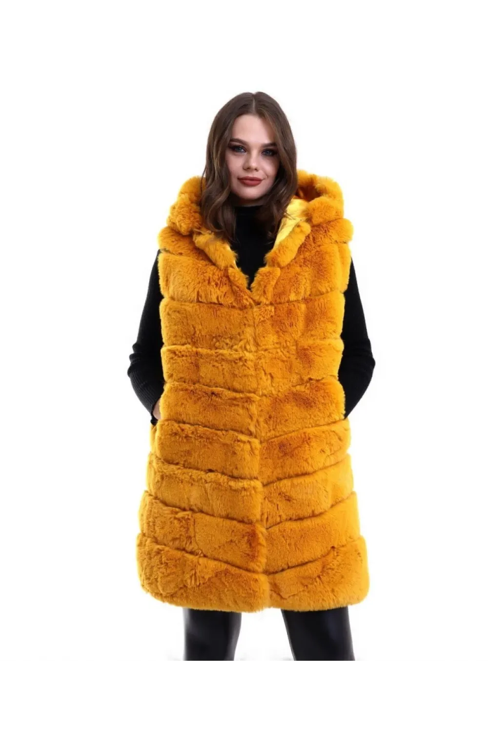 Kapşonlu Peluş Kürk Yelek Premium Kalite, Tam Astarlı, Uzun Model - Sarı