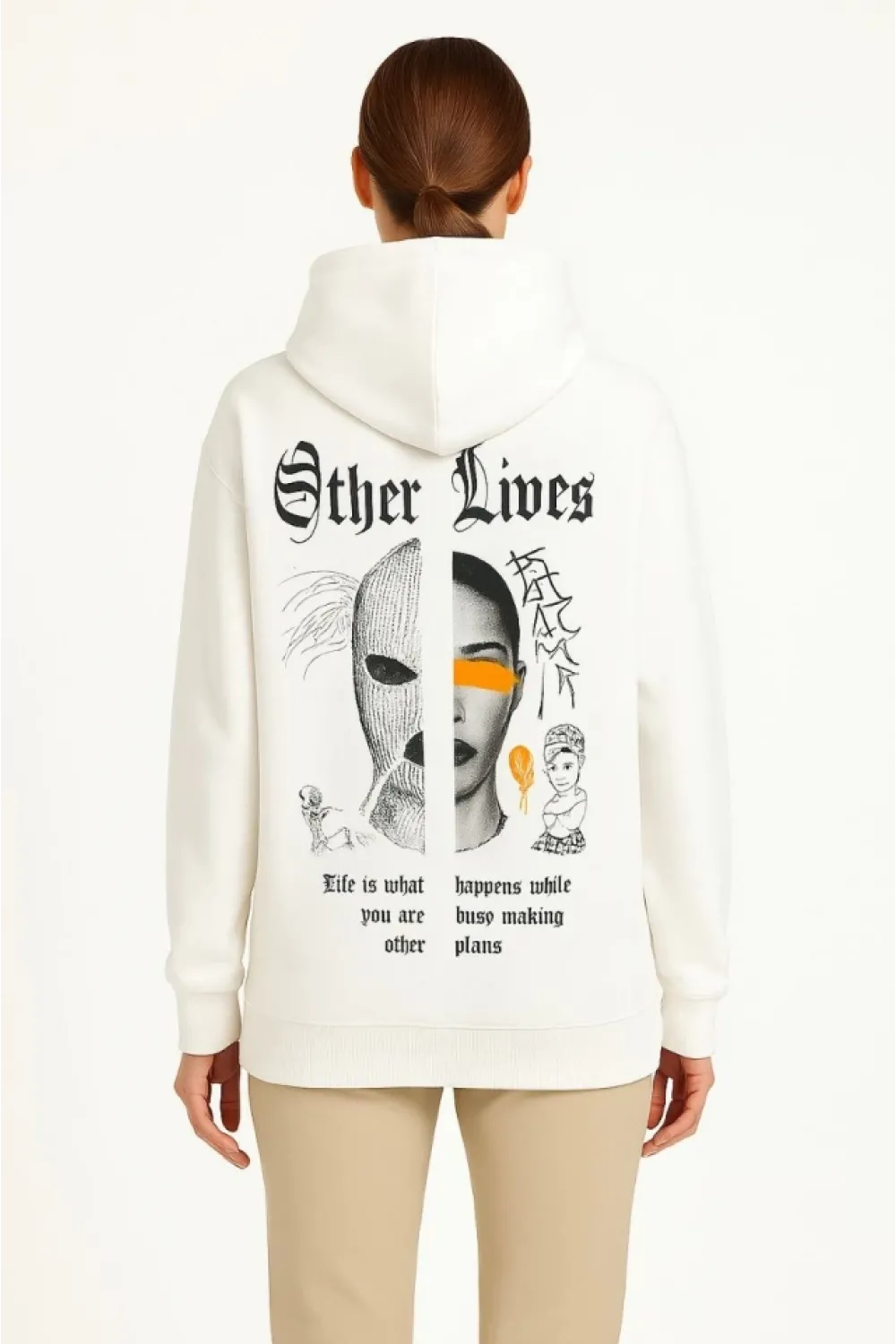 Kapşonlu Sweatshirt – Oversize Üç İplik Şardonlu Hoodie, “Other Lives” Ön - Arka Baskılı, Kanguru Cepli, Kışlık Rahat Günlük Stil - Beyaz
