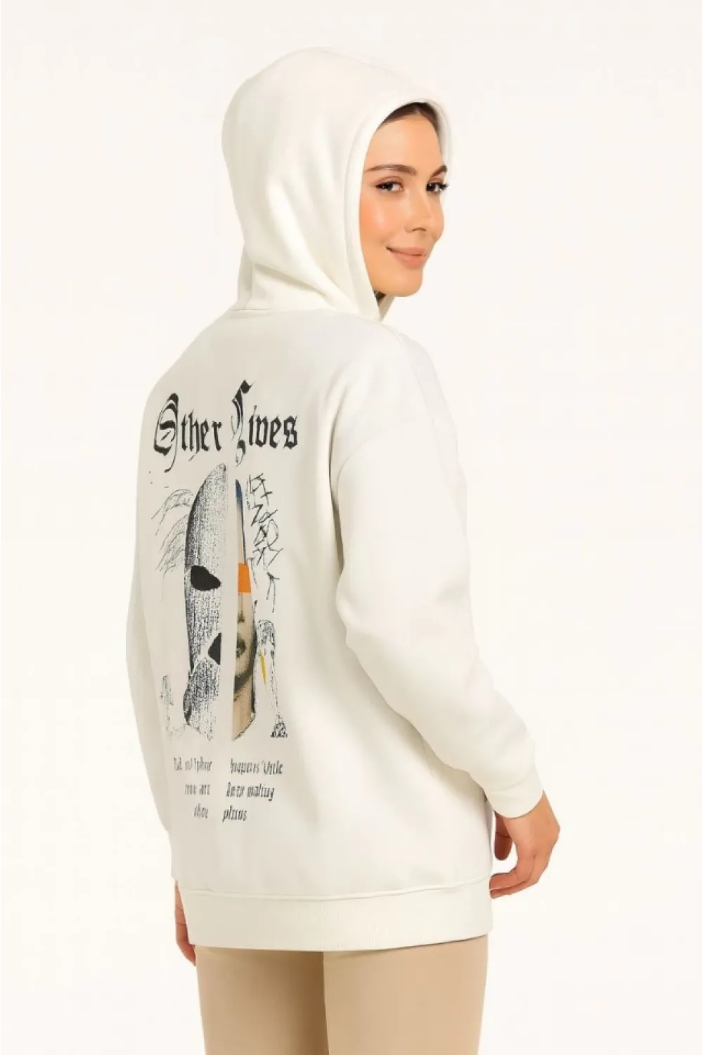 Kapşonlu Sweatshirt – Oversize Üç İplik Şardonlu Hoodie, “Other Lives” Ön - Arka Baskılı, Kanguru Cepli, Kışlık Rahat Günlük Stil - Beyaz
