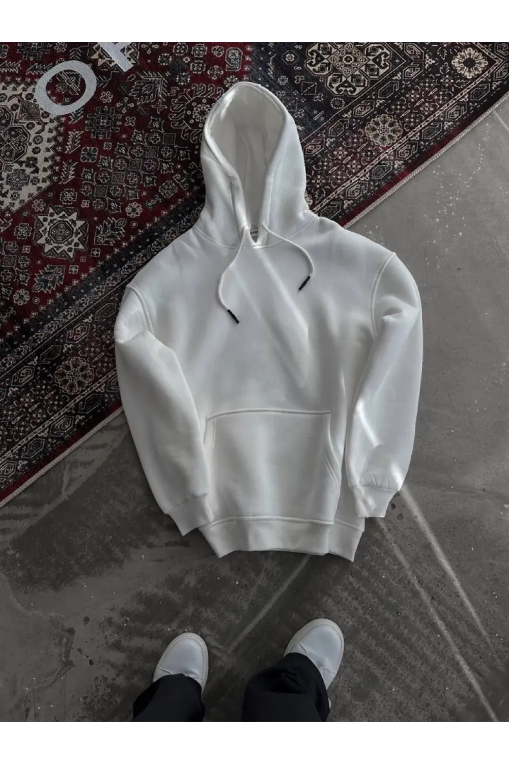 Kapşonlu Üç İplik Penye Basic SweatShirt - Beyaz