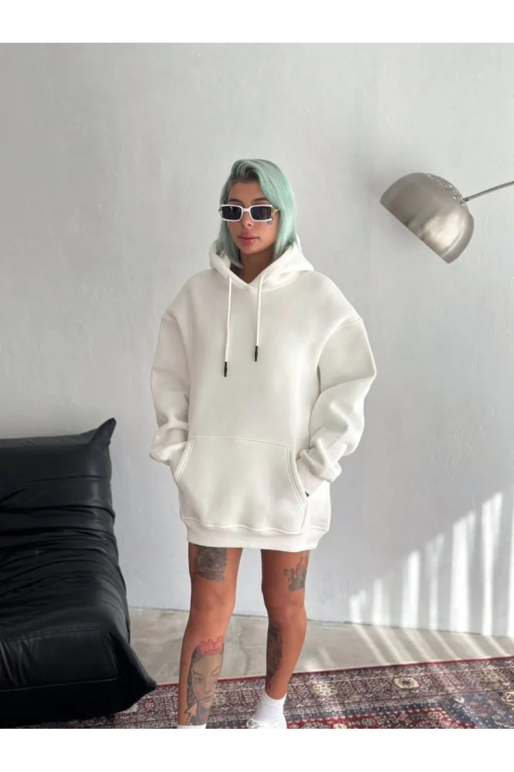Kapşonlu Üç İplik Penye Basic SweatShirt - Beyaz