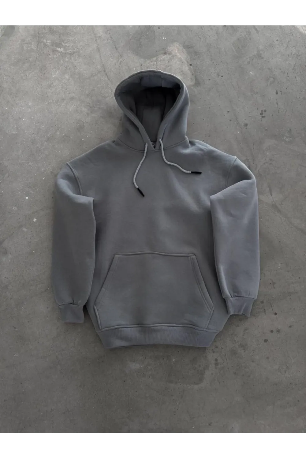 Kapşonlu Üç İplik Penye Basic SweatShirt - Boyalı Gri