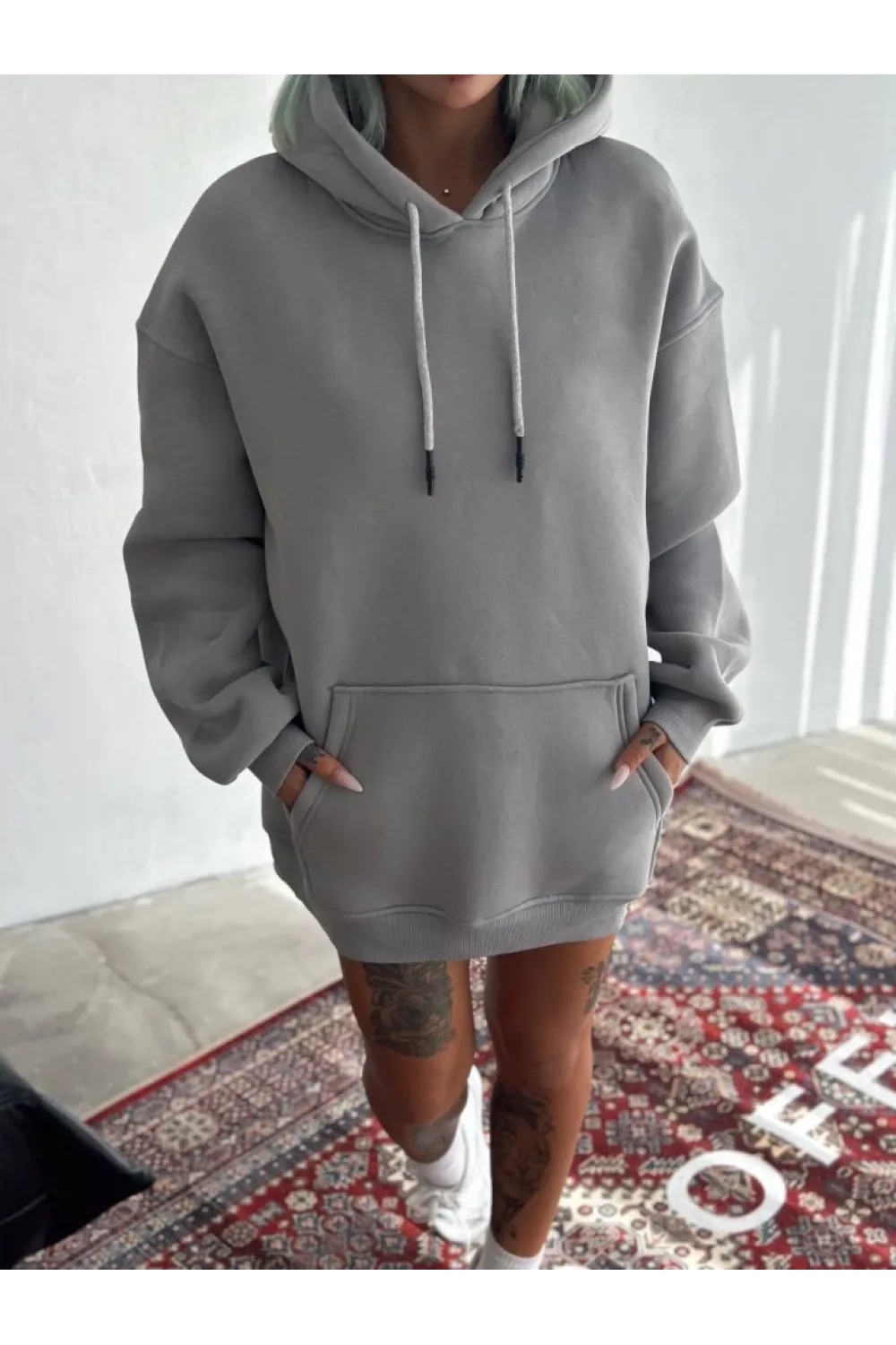 Kapşonlu Üç İplik Penye Basic SweatShirt - Boyalı Gri