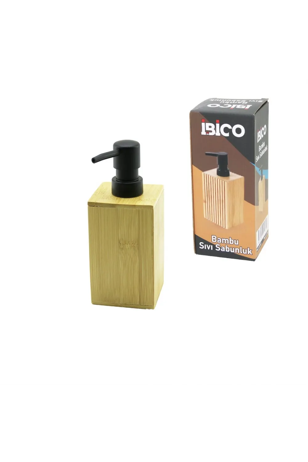 Kare Ahşap Bambu Sıvı Sabunluk Siyah Plastik Pompa Çap: 7cm - Y: 11.5cm
