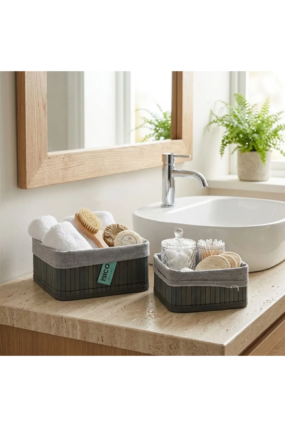 Kare Organizer Sepet - Bambu Kenarlı, Ahşap Taban, Bezli - 18x21 cm