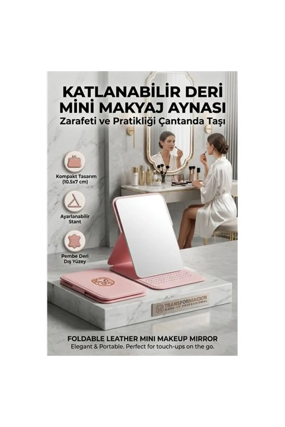 Katlanabilir Stantlı Makyaj Aynası | Pembe Deri Çanta Boyu Mini Ayna 723190