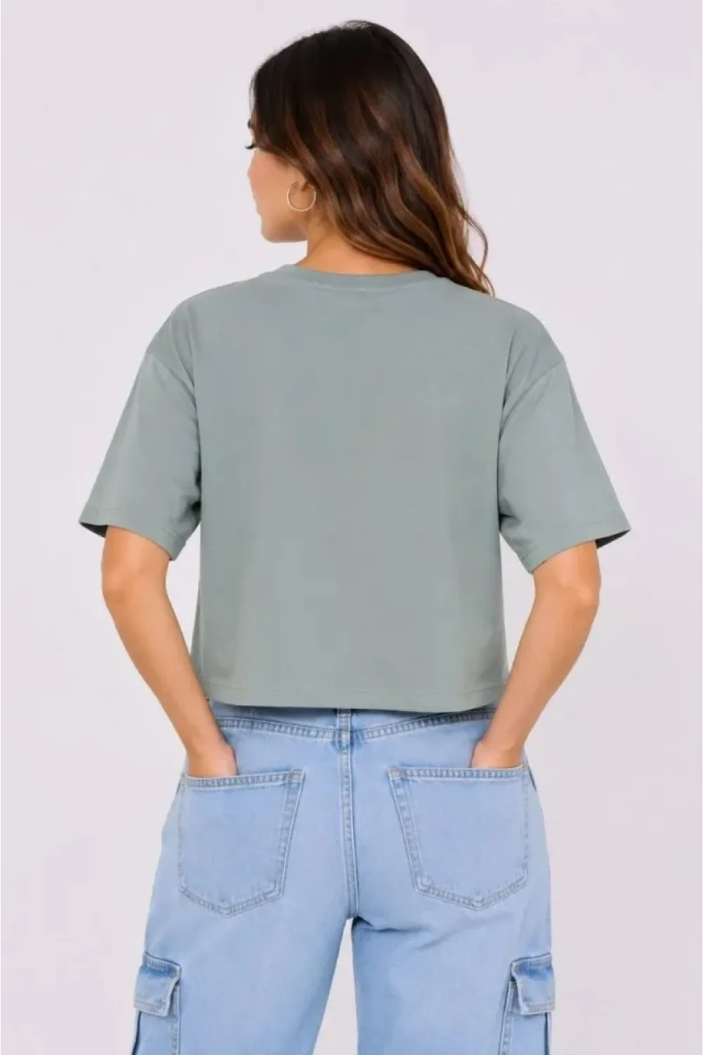 Kedi Baskılı Oversize Crop Tişört Salaş Basic Yarım Kol T-shirt - Mint Yeşili
