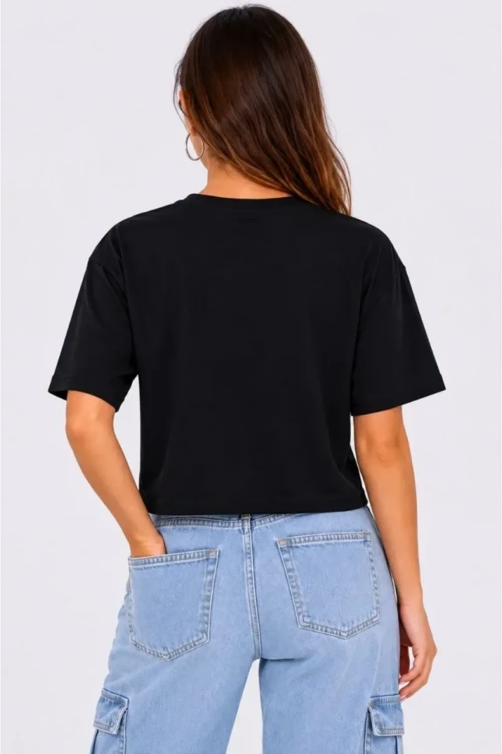 Kedi Baskılı Oversize Crop Tişört Salaş Basic Yarım Kol T-shirt - Siyah