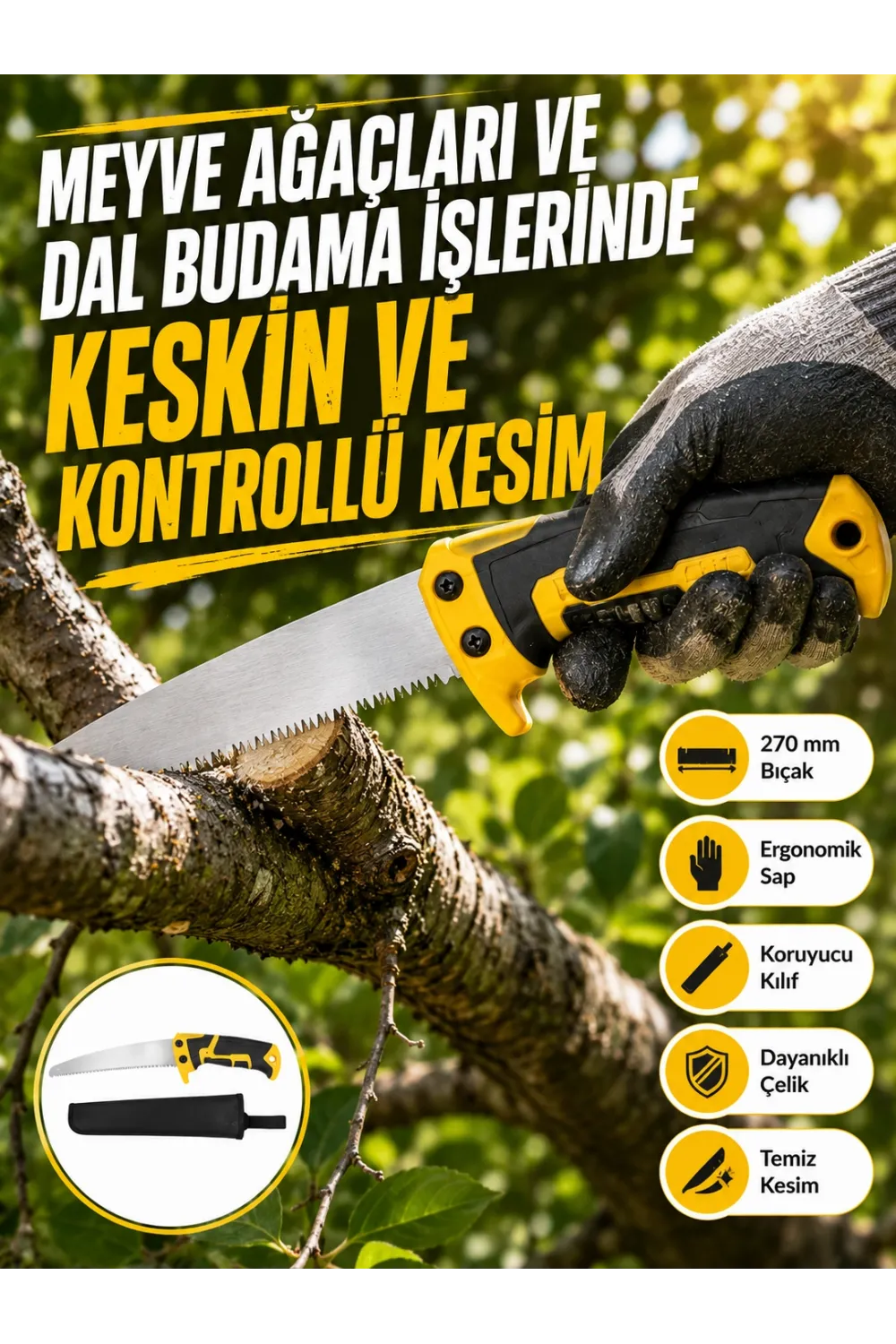 Kılıflı Budama Bahçe Testeresi 270 Mm Düz Bıçaklı