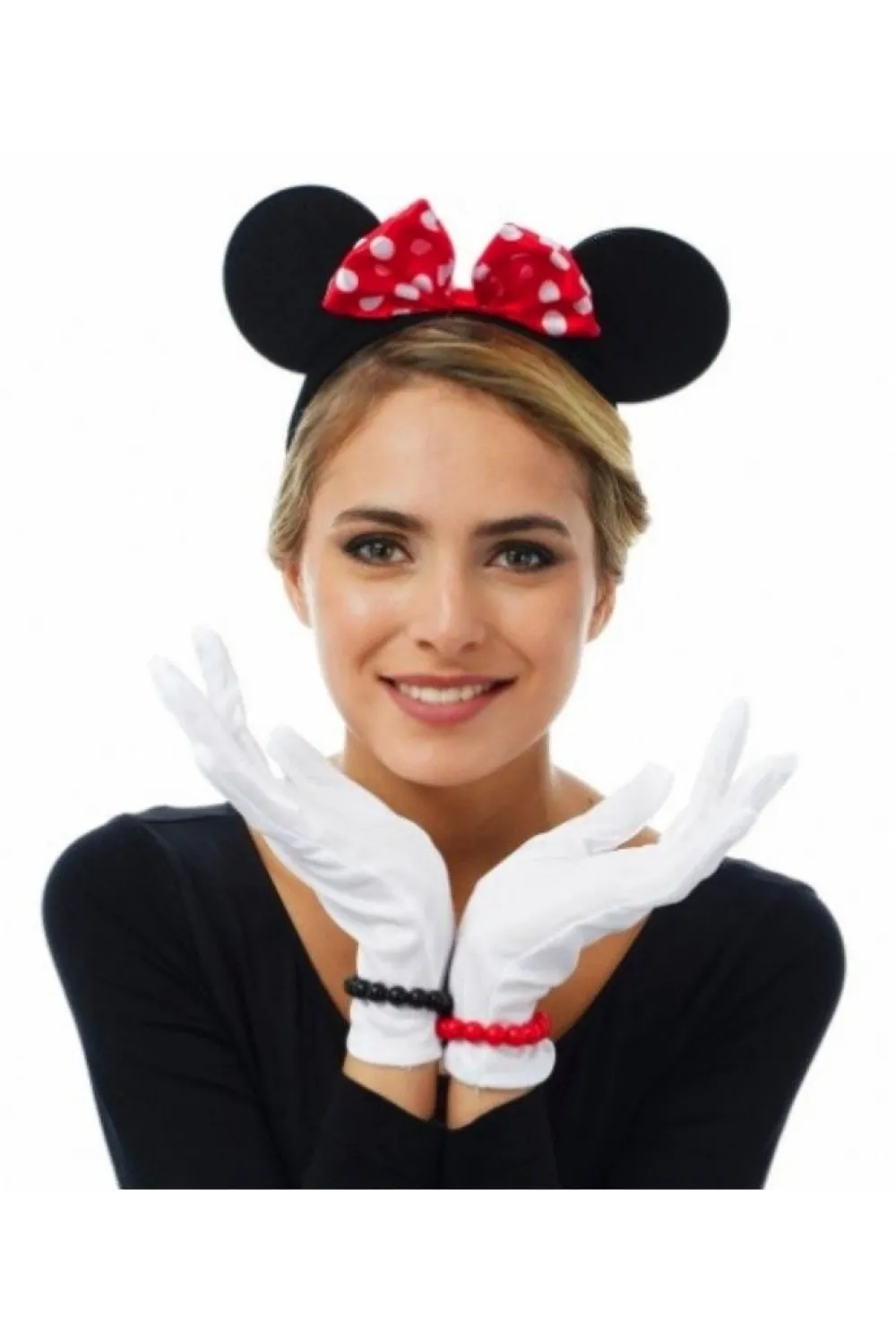 Kırmızı Fiyonklu Minnie Mouse Tacı ve Beyaz Eldiven Seti