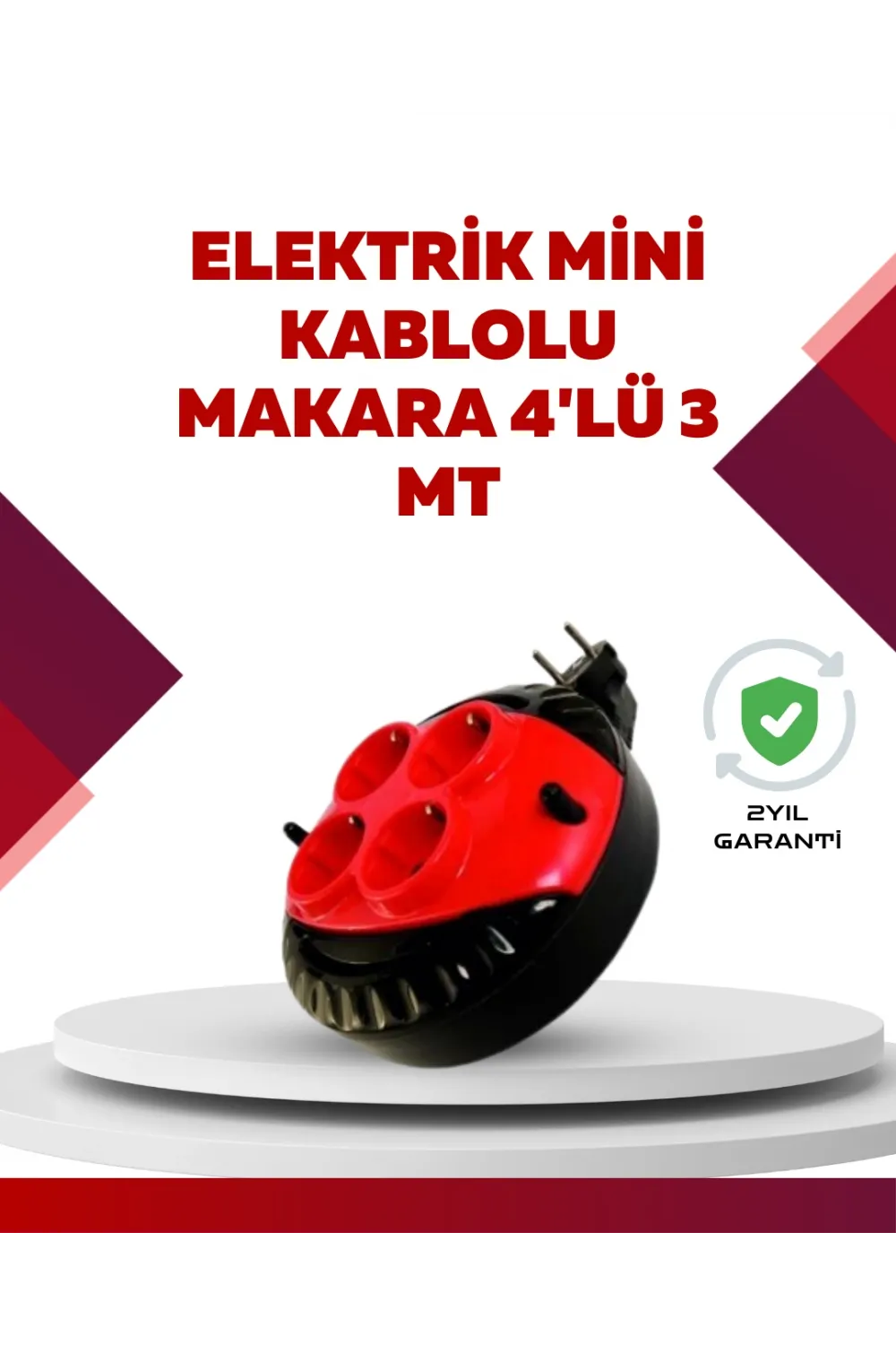 Kırmızı Renk 3 Metre 4’lü Kablolu Priz Makarası