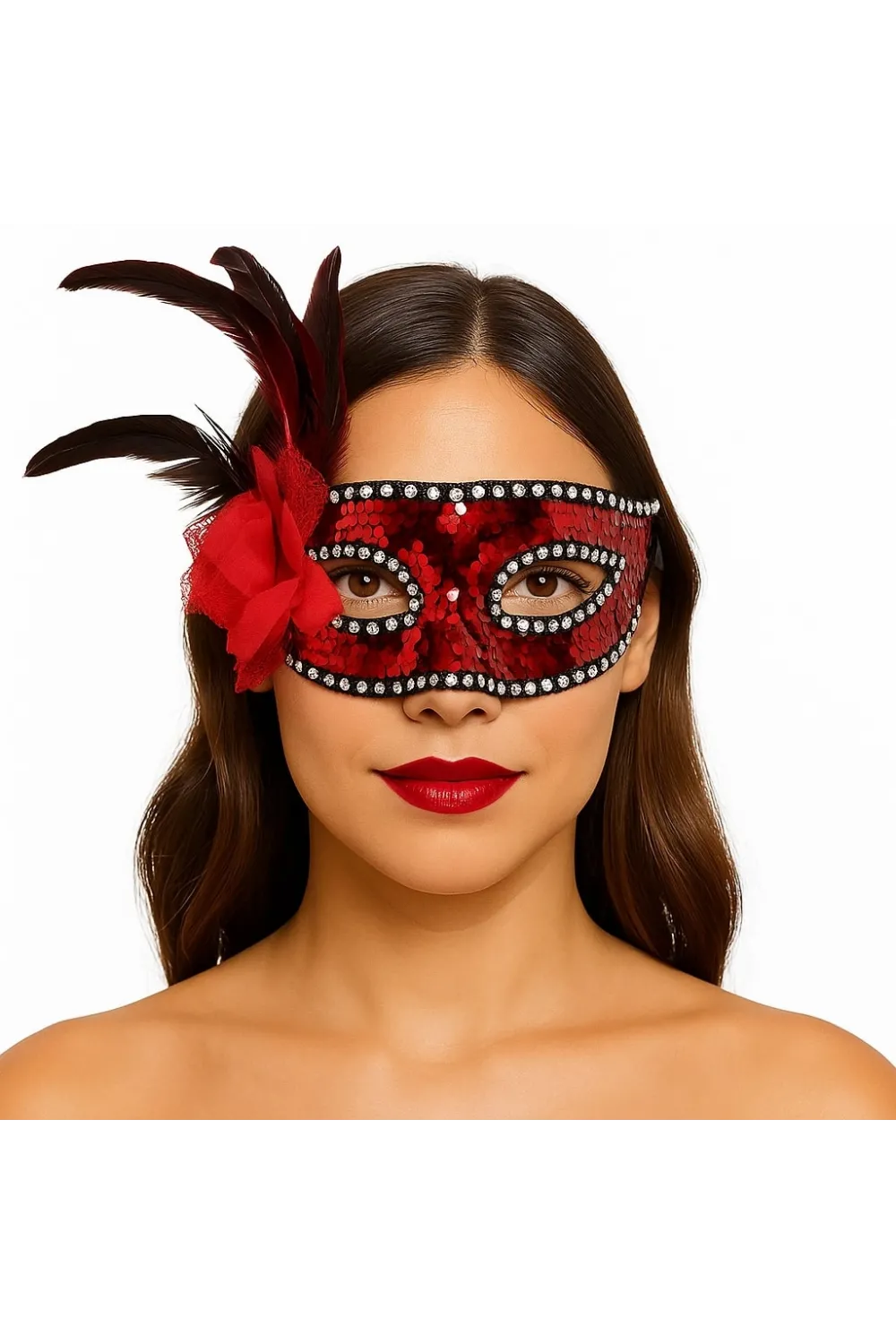 Kırmızı Renk Yandan Tüylü Güllü Gümüş Taşlı Pullu Maske 20x22 cm