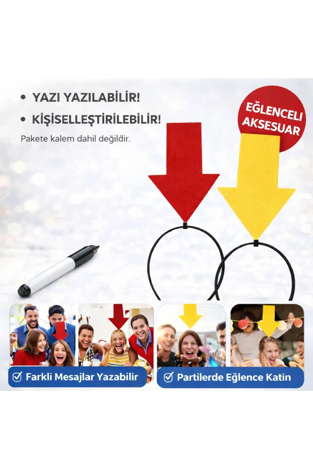 Kişiselleştirilebilir Ok İşaretli Mesaj Tacı (2’li Set Sarı-Kırmızı)