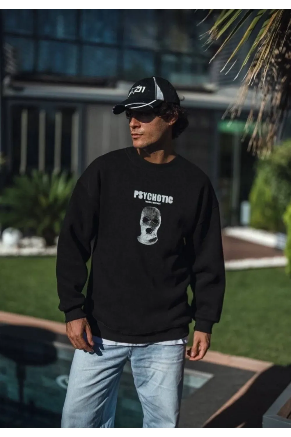 Kışlık Bisiklet Yaka Baskılı SweatShirt - Siyah