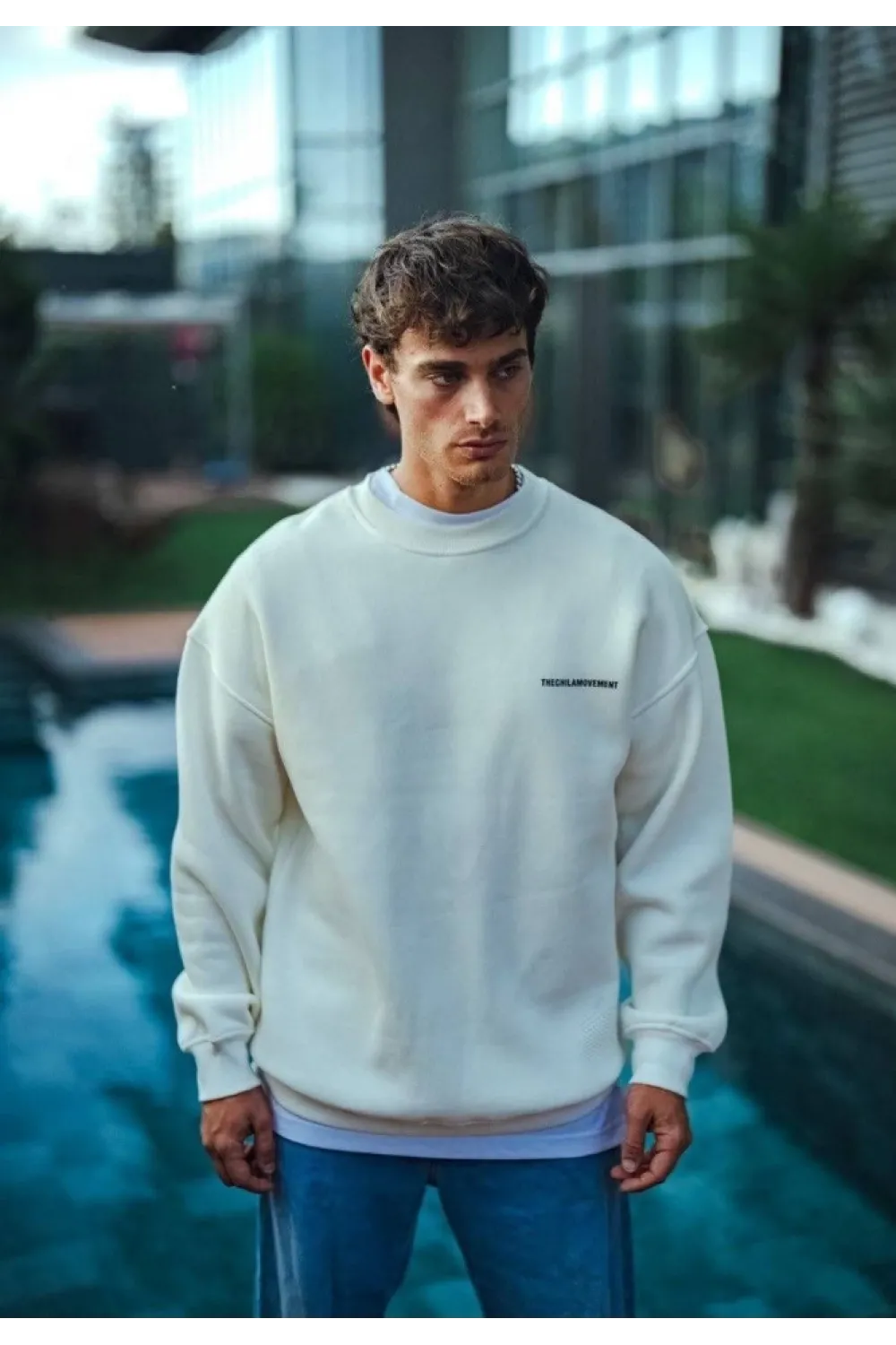 Kışlık Bisiklet Yaka Oversize Baskılı SweatShirt - Beyaz
