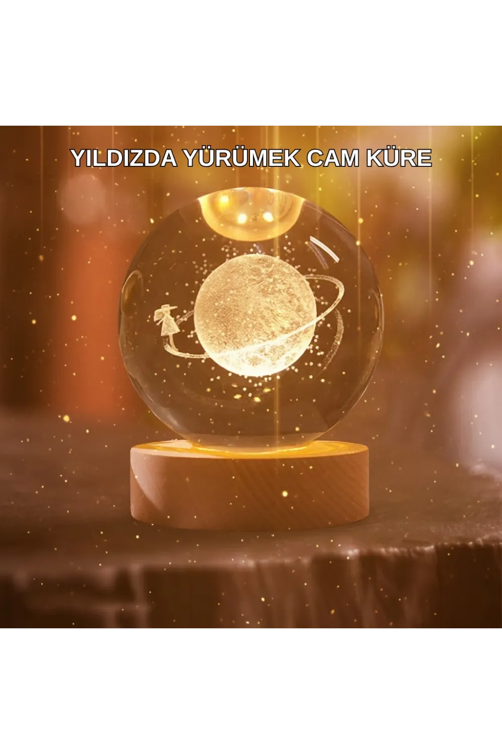 Kız Figürlü Sarı Cam Küre Işıklı Büyük Boy Ahşap Standlı Dekor