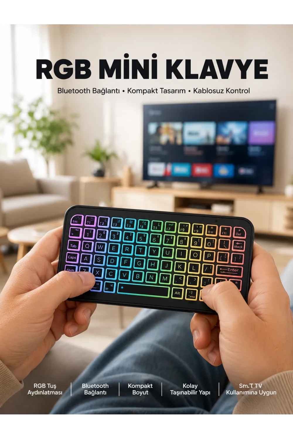 Kompakt Siyah Rgb Işıklı Bluetooth Mini Klavye