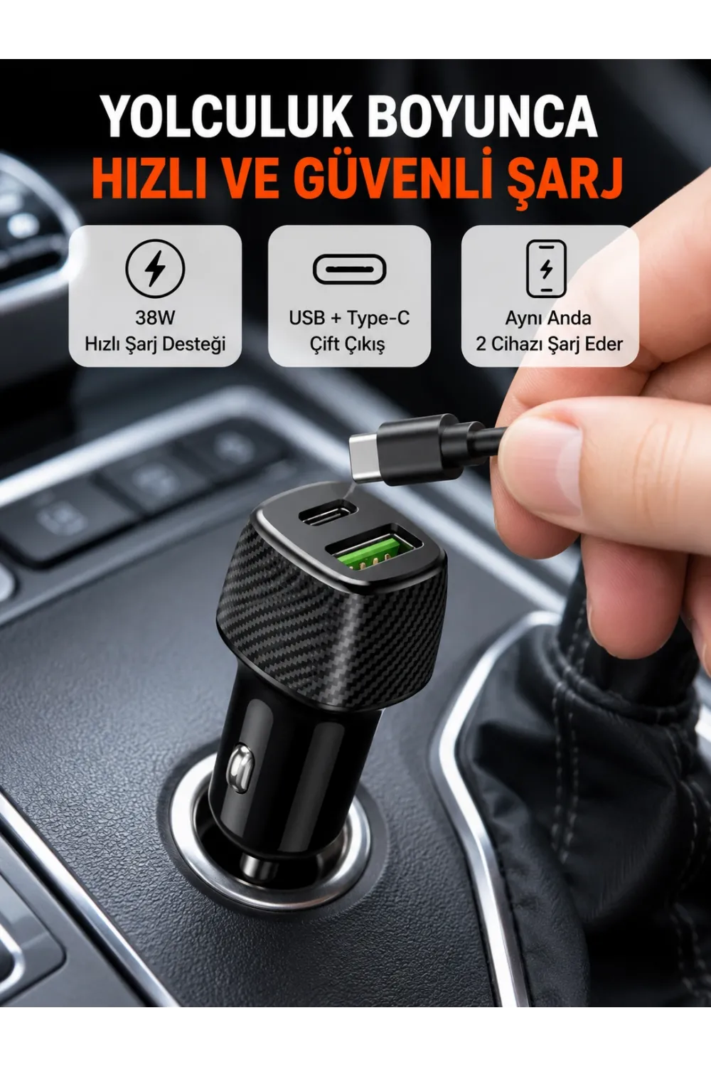 Kompakt Tasarımlı Type-c + Usb Girişli Araç Şarj Başlığı