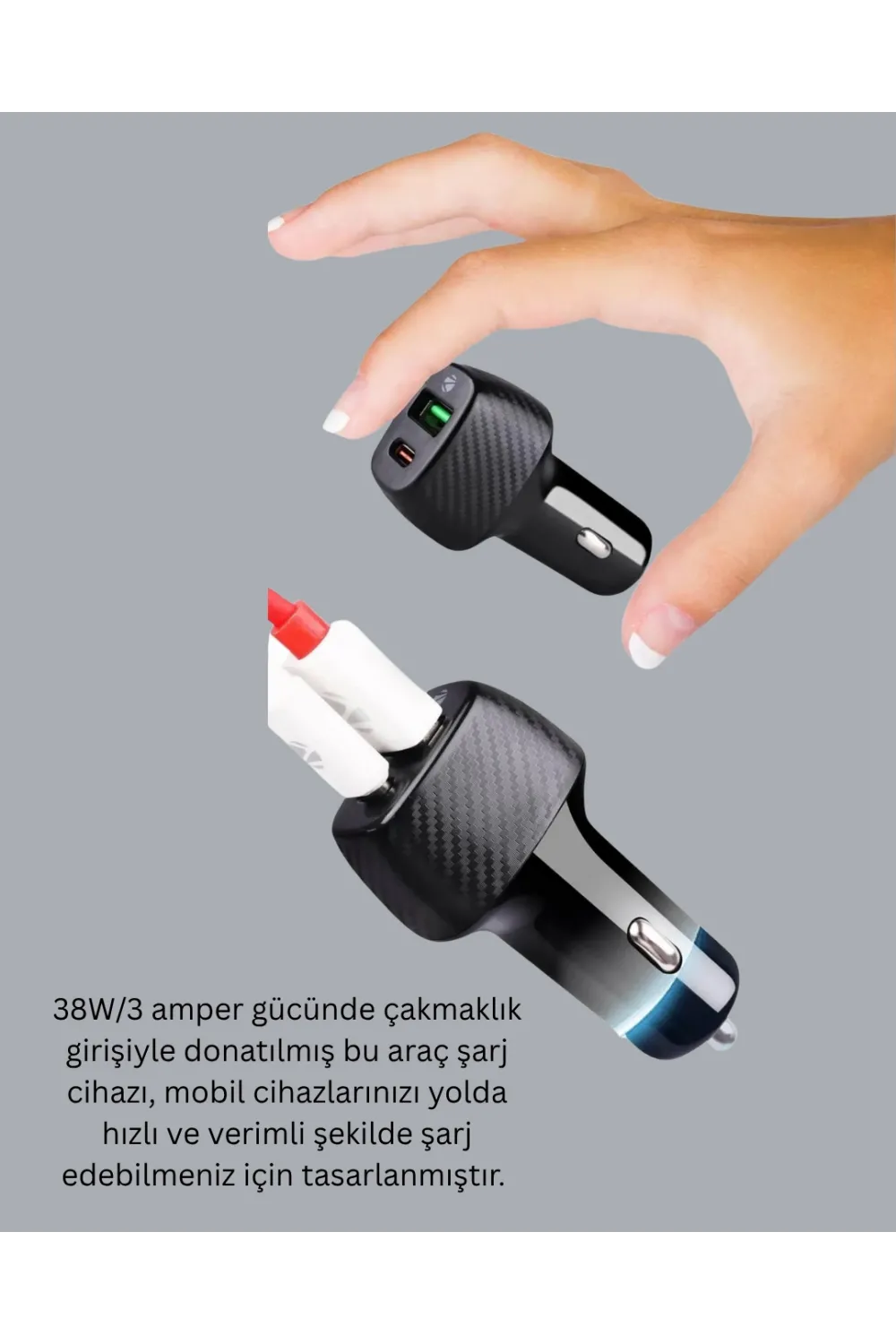 Kompakt Tasarımlı Type-c + Usb Girişli Araç Şarj Başlığı