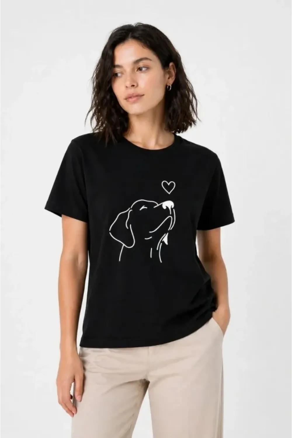 Köpek Figürlü Minimal Baskılı Tişört Kısa Kol Yazlık T-Shirt - Siyah