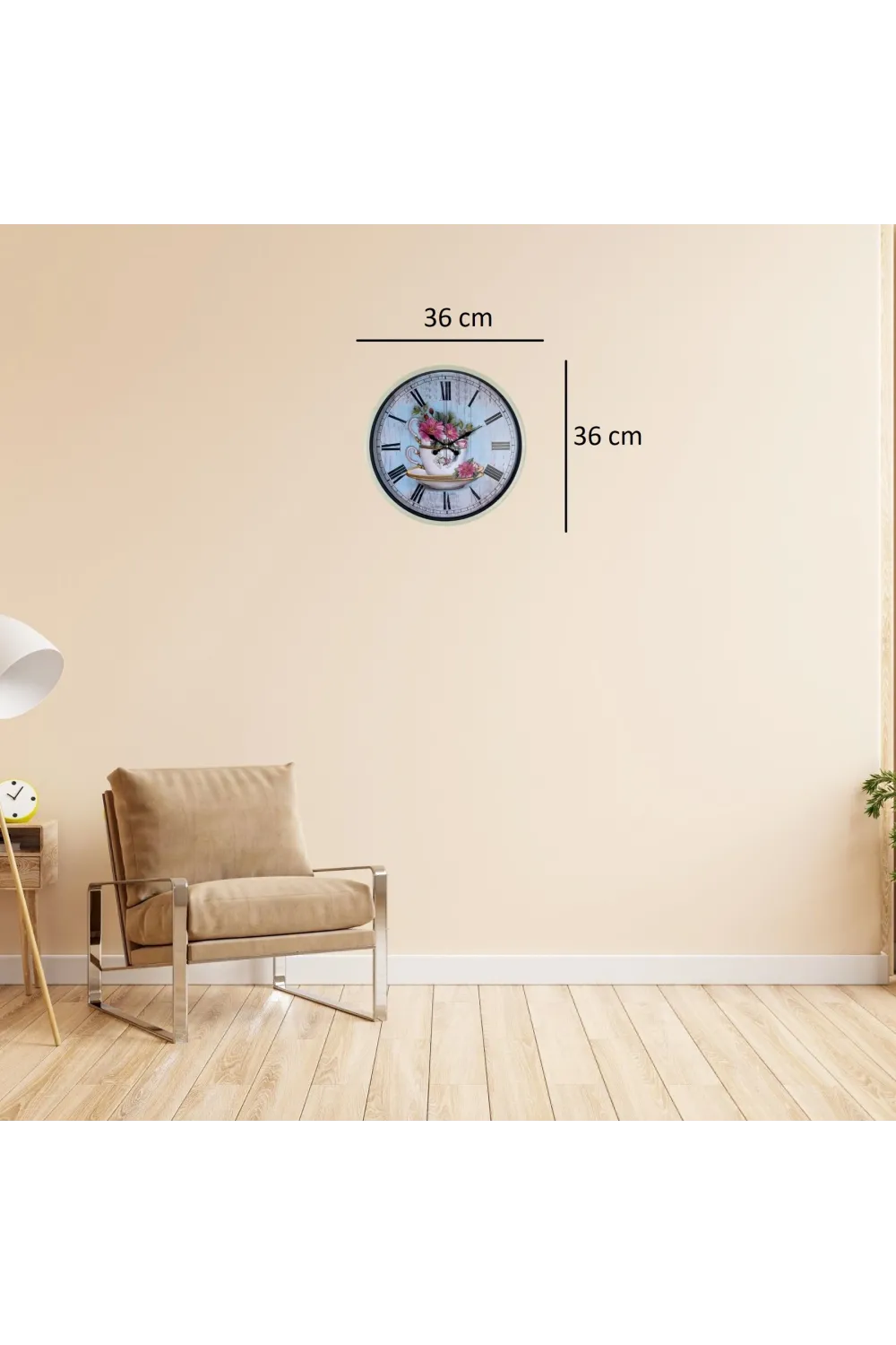 Krem 36 Cm Çiçek Figürlü Duvar Saati