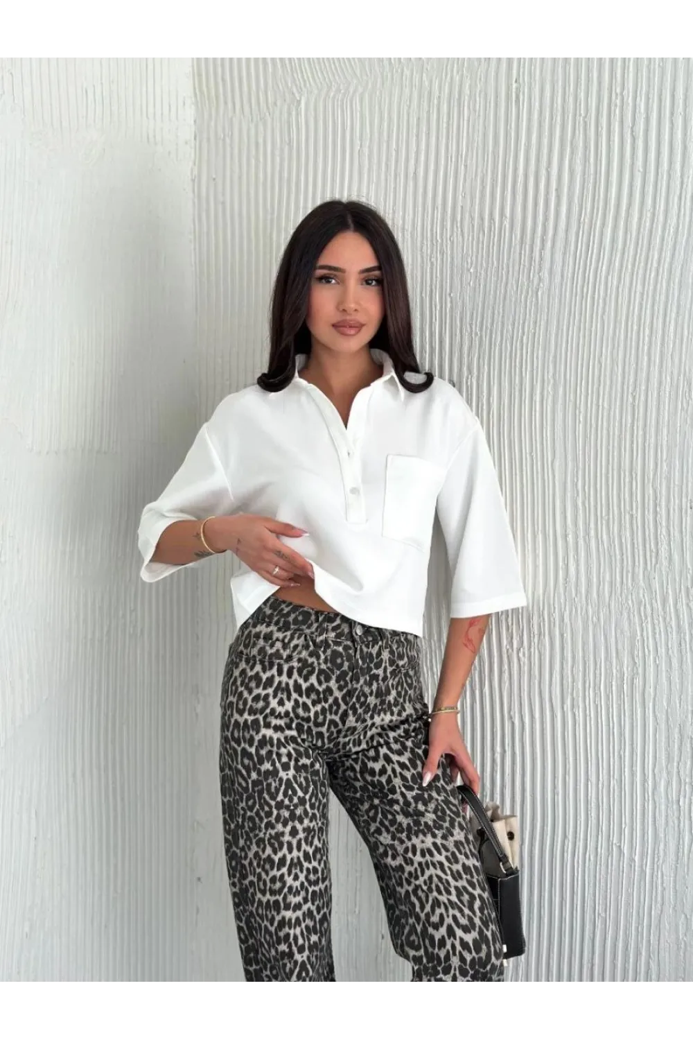 Krep Kadın Crop Yakalı Gömlek İlik Düğmeli Üç Çeyrek Sleeve Kol - Beyaz