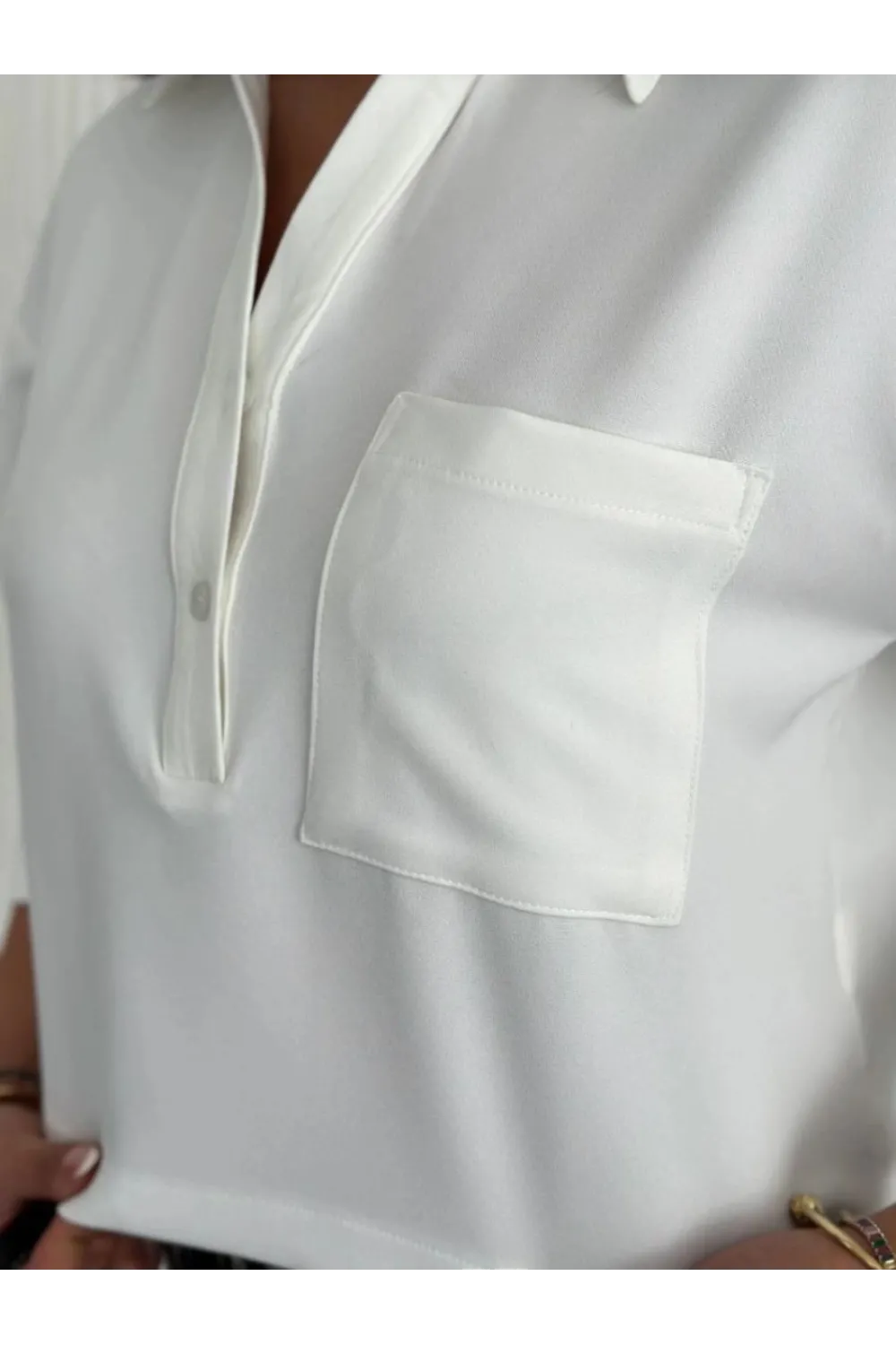 Krep Kadın Crop Yakalı Gömlek İlik Düğmeli Üç Çeyrek Sleeve Kol - Beyaz