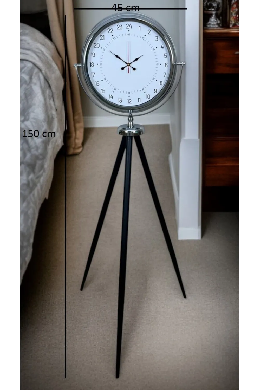 Krom 24 Saat Göstergeli Özel Tasarım Tripod Ayaklı Saat
