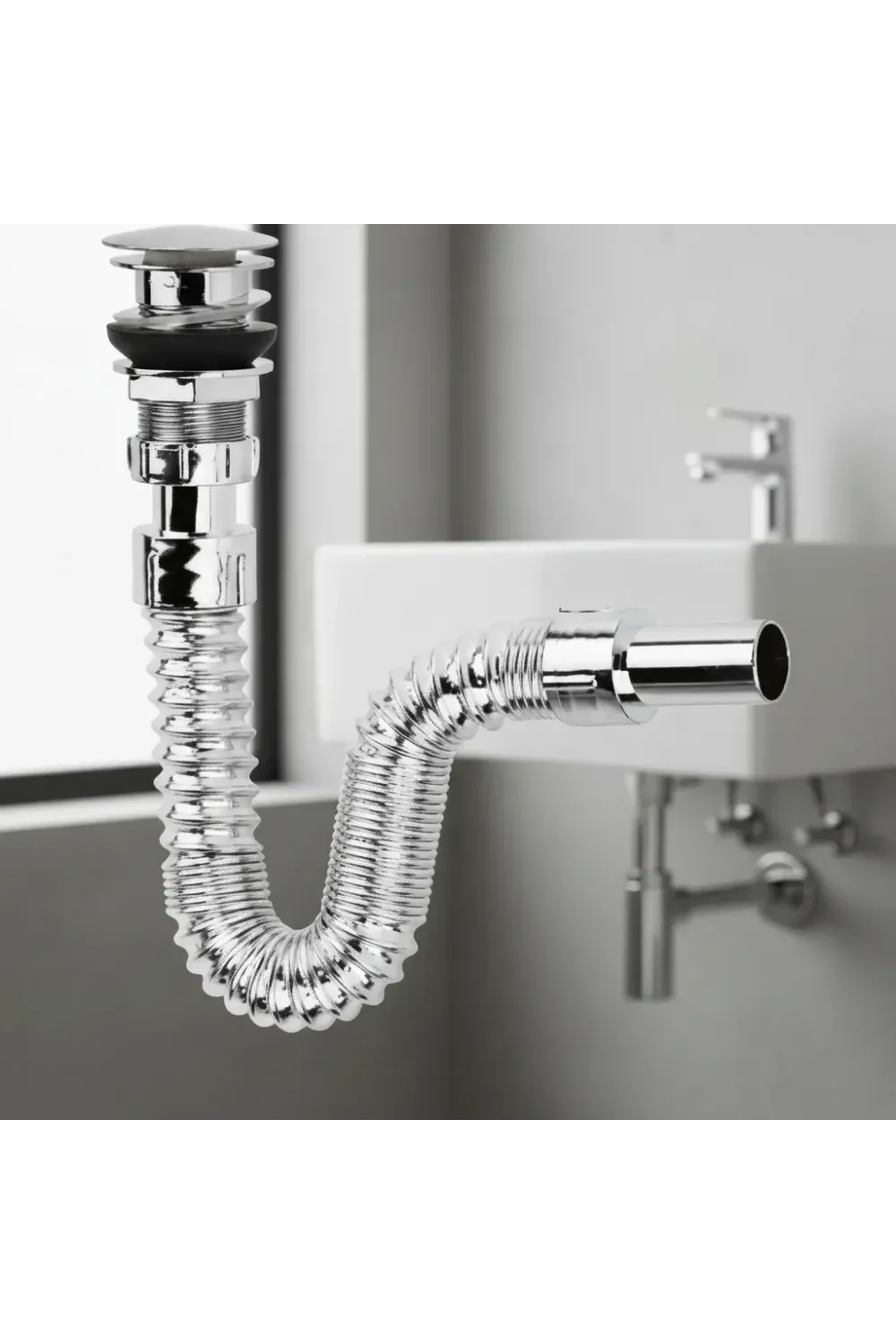 Krom Basmalı Sifon Körüklü Sifon Bas Stoplu Lavabo Mutfak SifonuPaslanmaz