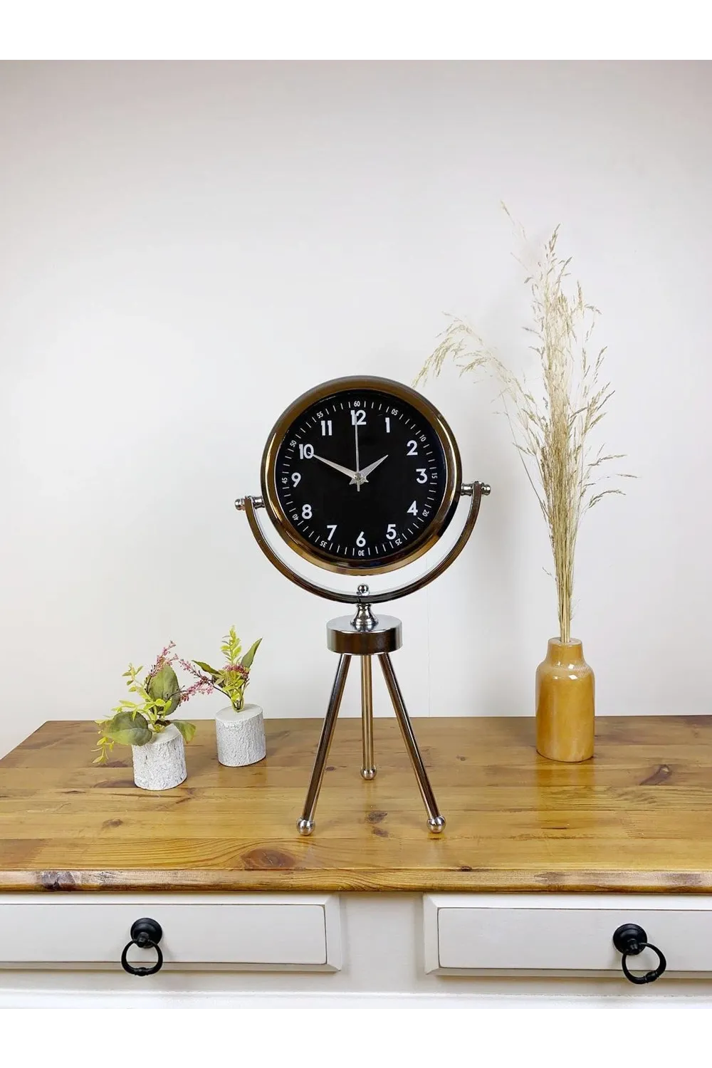 Krom Metal Mini Tripod Gece Siyahı Masa Saati 45×26 cm