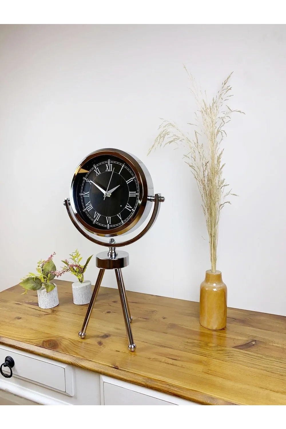 Krom Metal Mini Tripod Siyah Retro Masa Saati 45×26 cm
