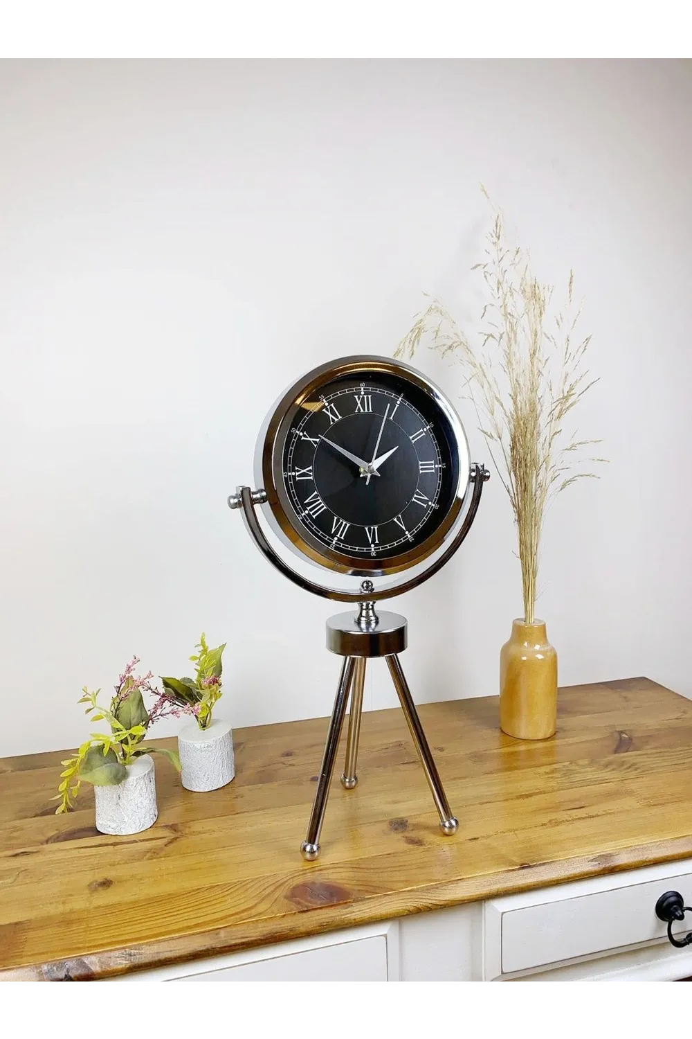 Krom Metal Mini Tripod Siyah Retro Masa Saati 45×26 cm